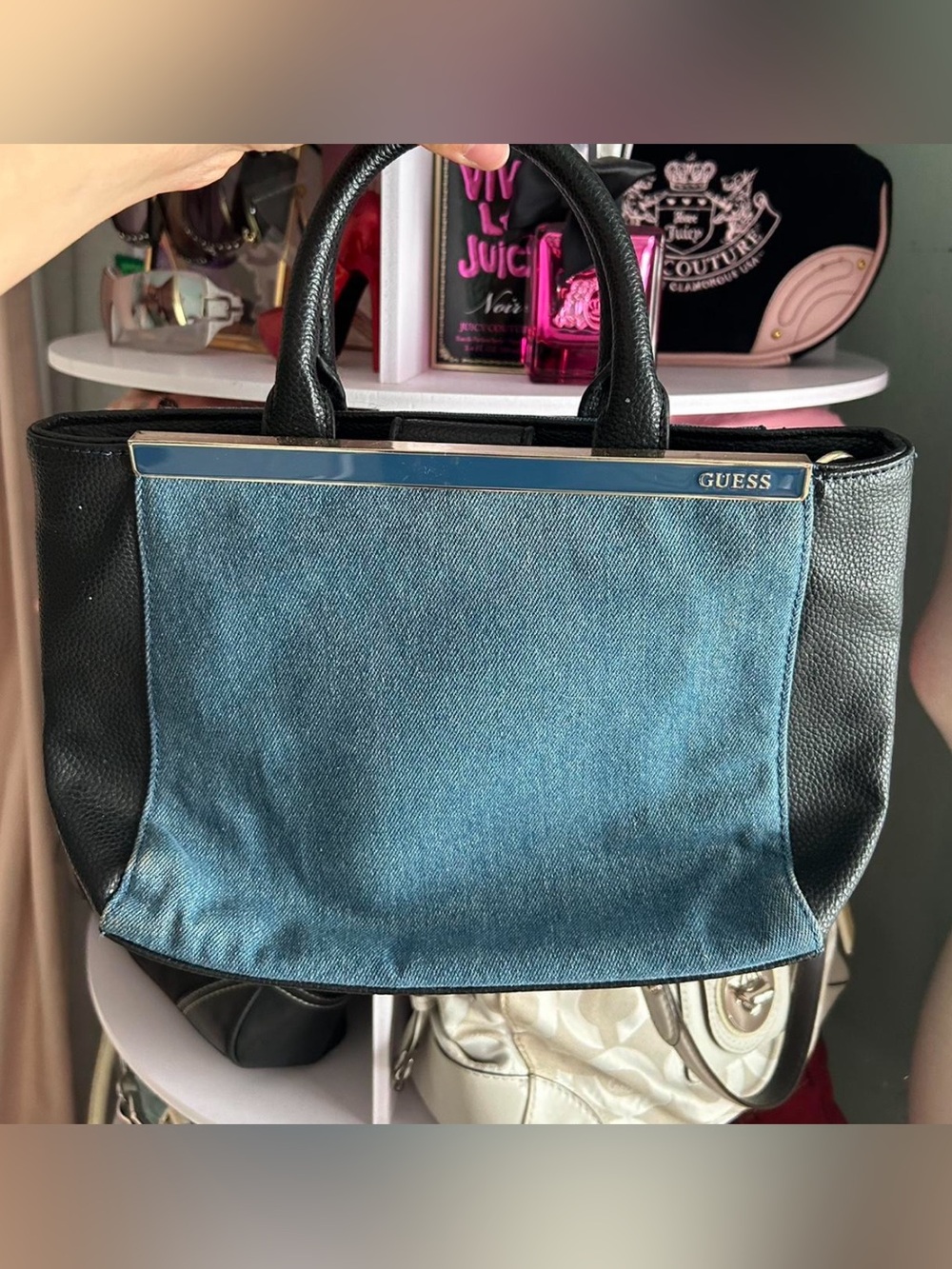 GUESS Denim and Black Leather Trim Satchel